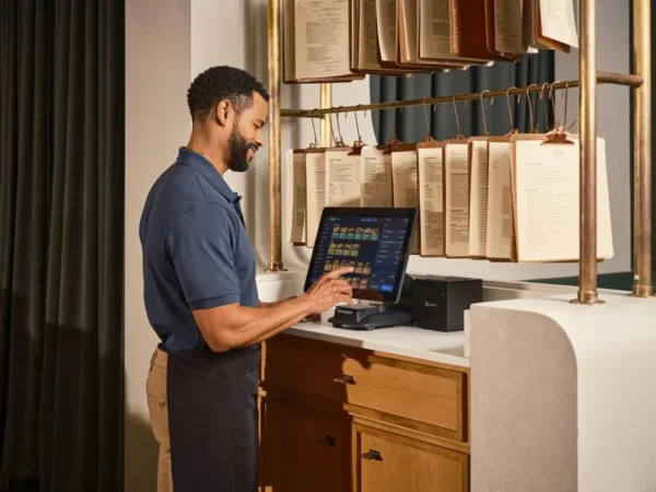 A restaurant server operates a touchscreen POS system, enhancing efficient order management.
