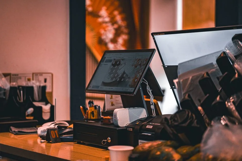 Counter with cash register and computer screen in Ho Chi Minh City cafe, offering a modern and warm ambiance.