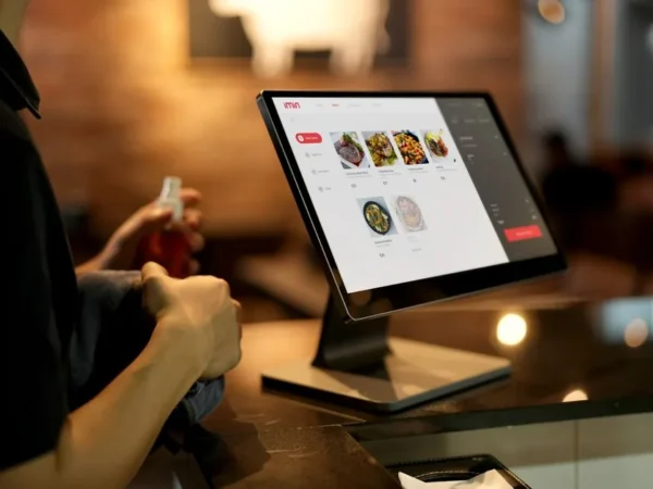 A person using a touchscreen ordering system in a modern restaurant setting.