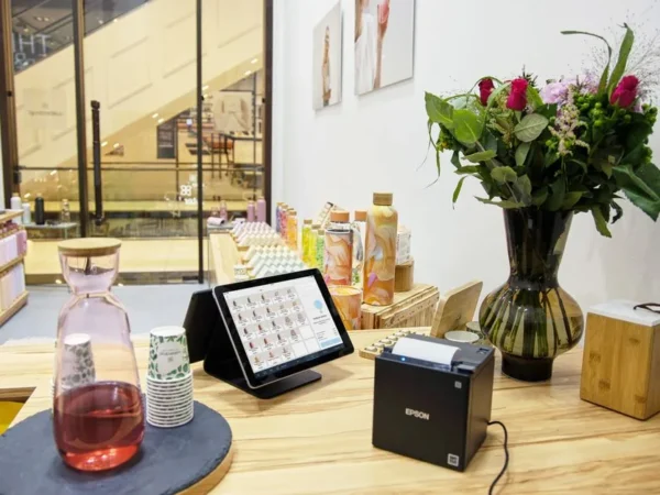A stylish store checkout counter featuring a floral bouquet and digital payment system.