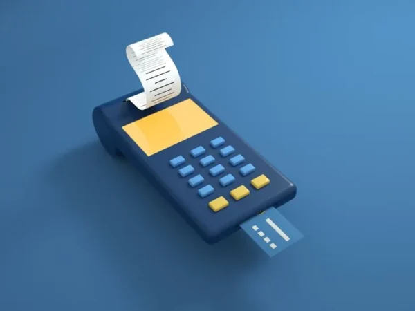 A blue card reader with a receipt printout and inserted card on a blue background.